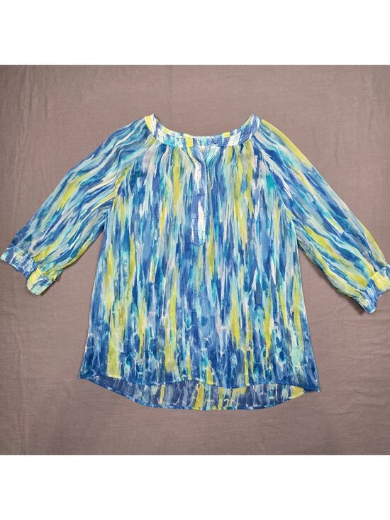 Chico's Tops - Chicos Size 1 M Womens Sheer Popover Tunic Blouse Blue Green Abstract Print